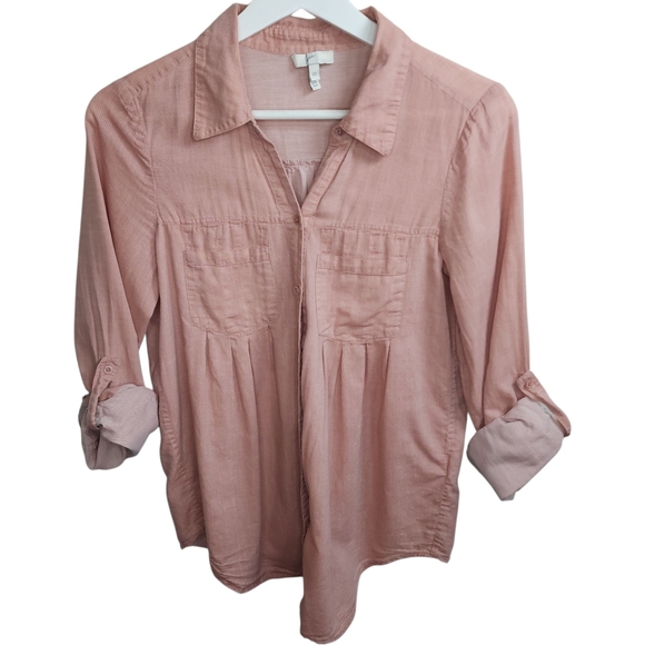 Joie Soft Pink Cotton Pleated Button Down Blouse Roll Tab Sleeves Size XS - Picture 11 of 12